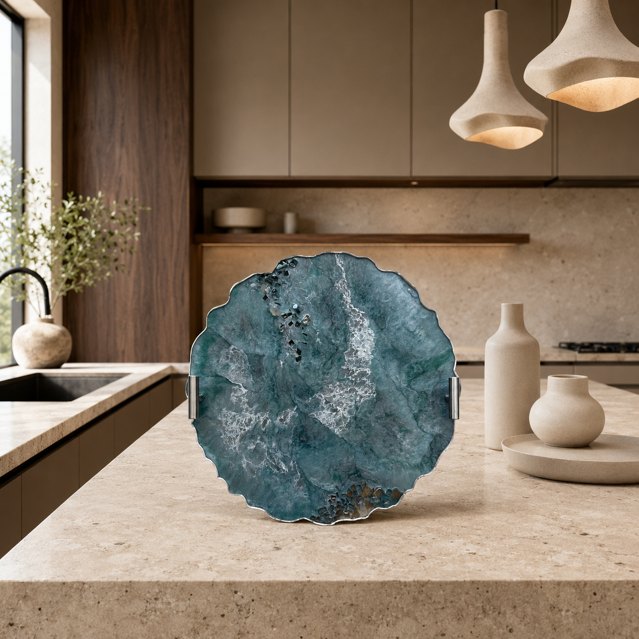 Teal and Silver tray handmade epoxy resin geode design