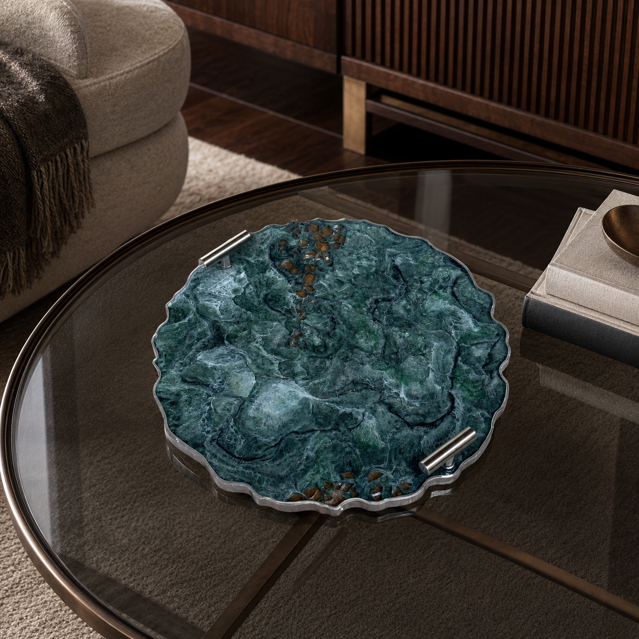 Teal and Silver tray handmade epoxy resin geode design