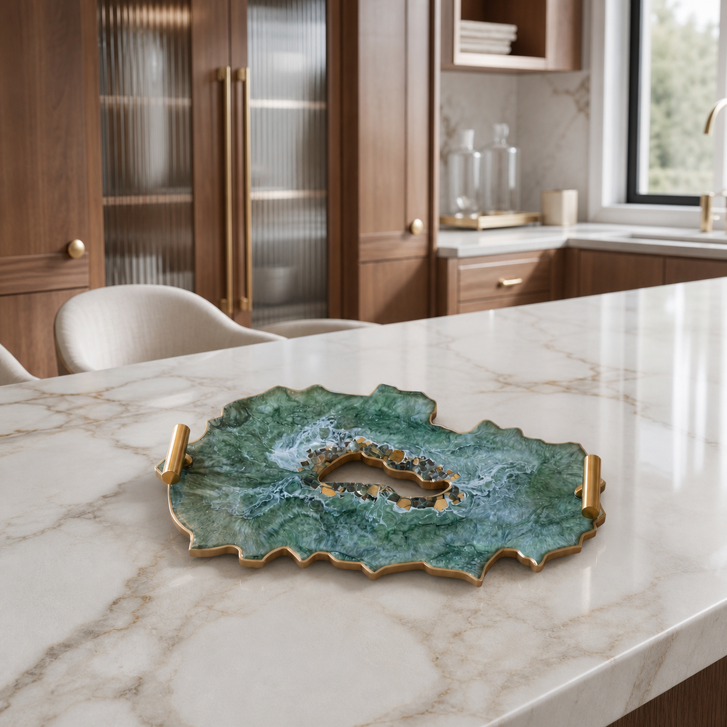Green tray handmade epoxy resin geode design
