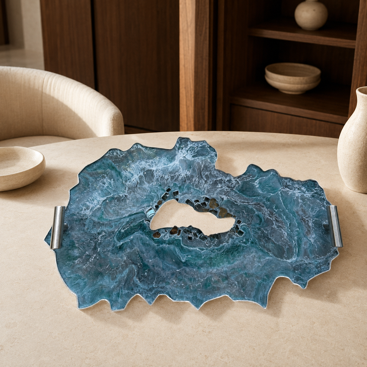 Teal and Silver tray handmade epoxy resin geode design
