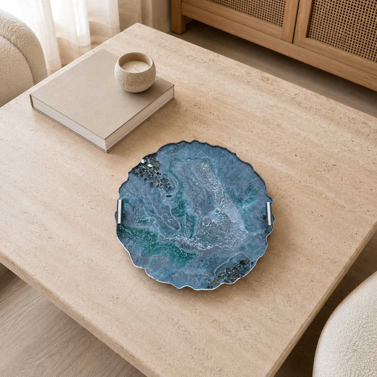 Teal and Silver tray handmade epoxy resin geode design