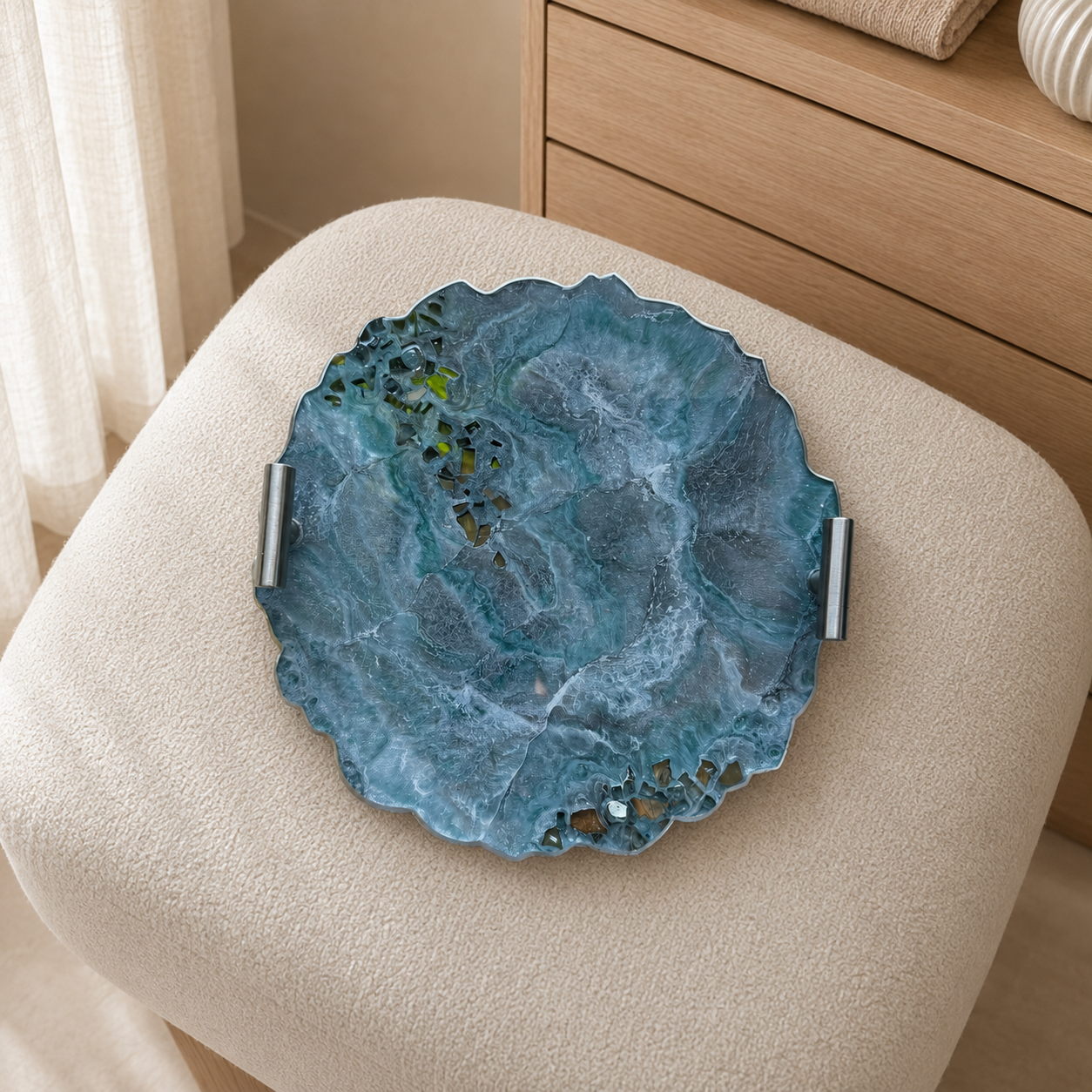 Teal and Silver tray handmade epoxy resin geode design