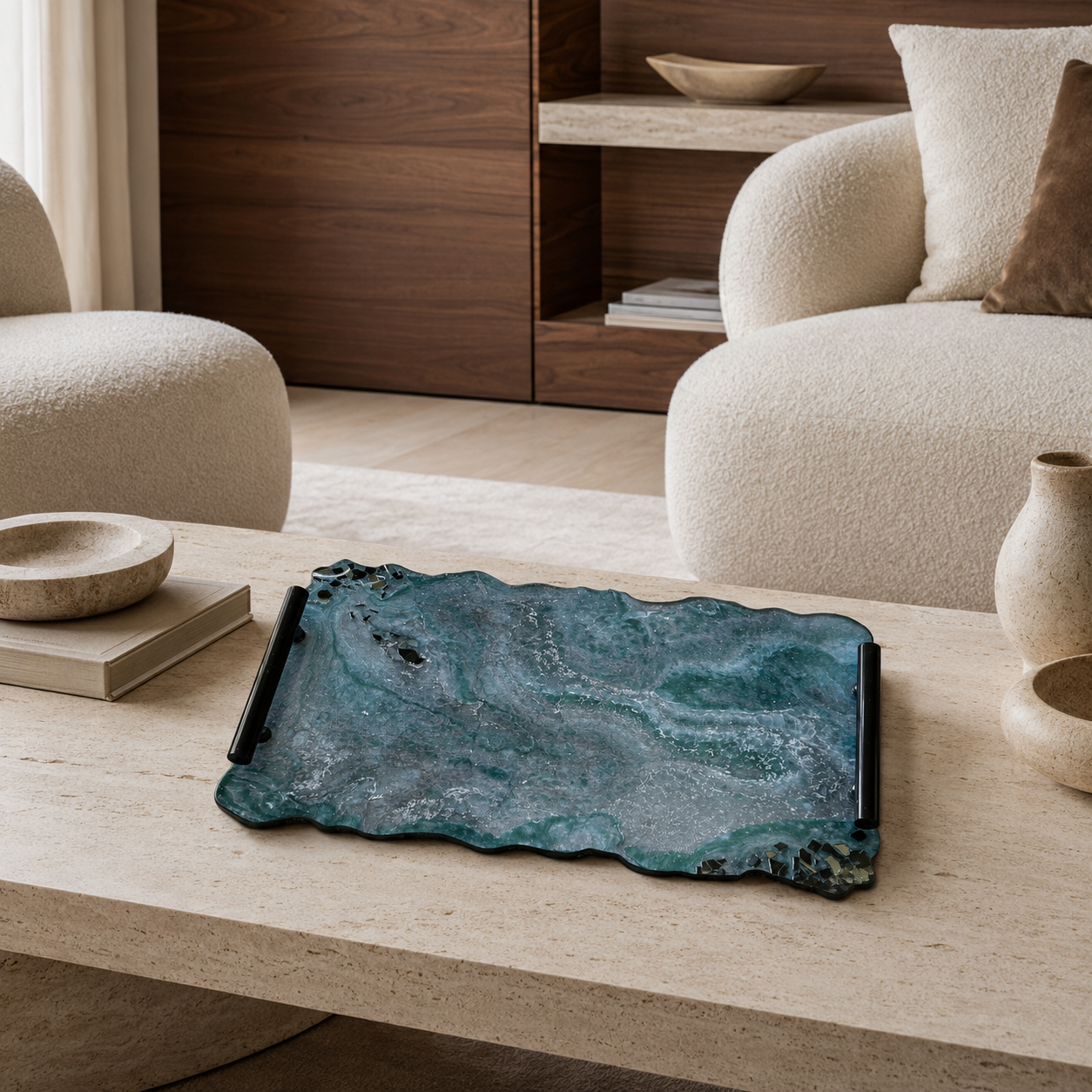 Teal and Silver tray handmade epoxy resin geode design