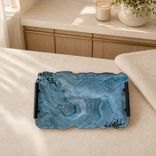 Teal and Silver tray handmade epoxy resin geode design