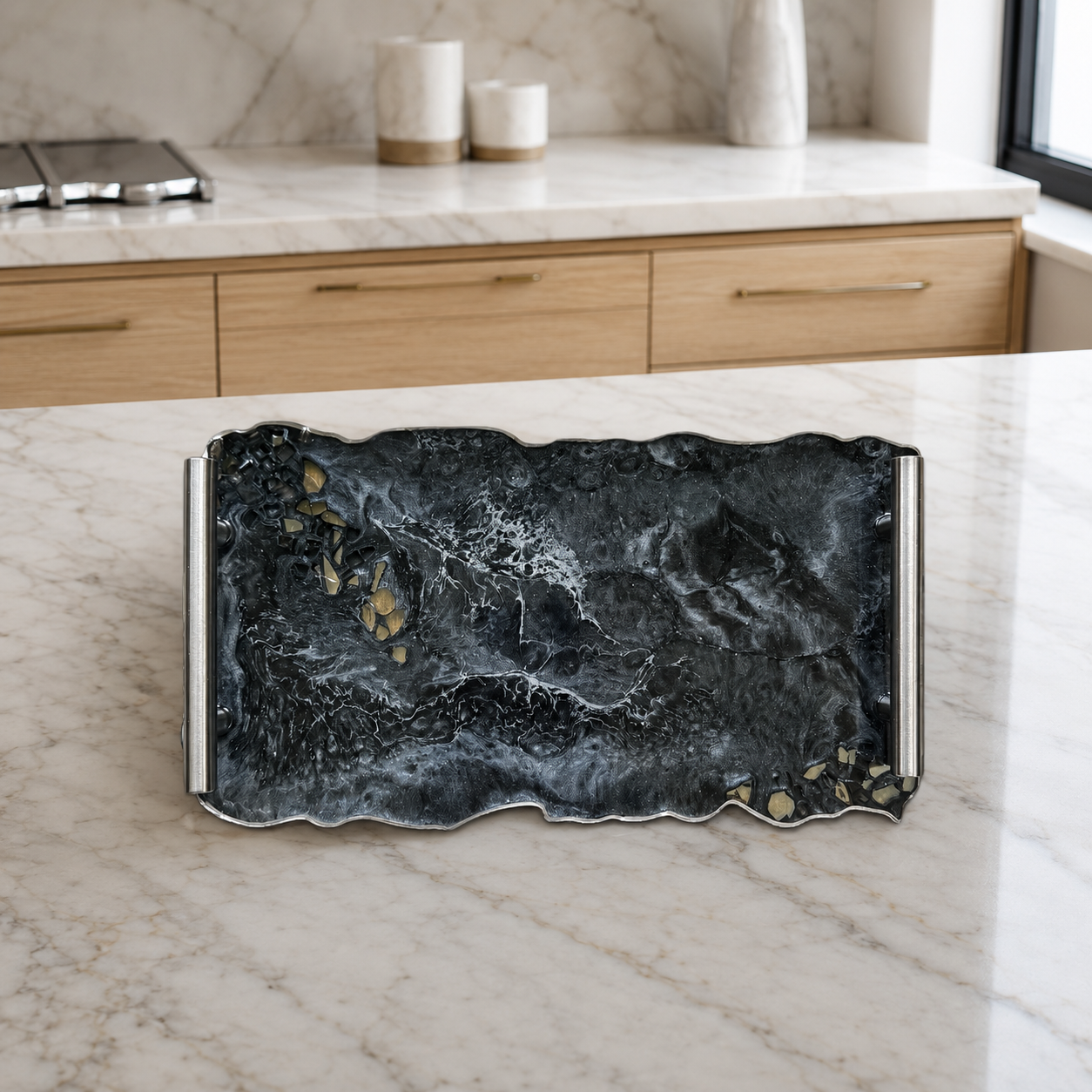 Black tray handmade epoxy resin geode design