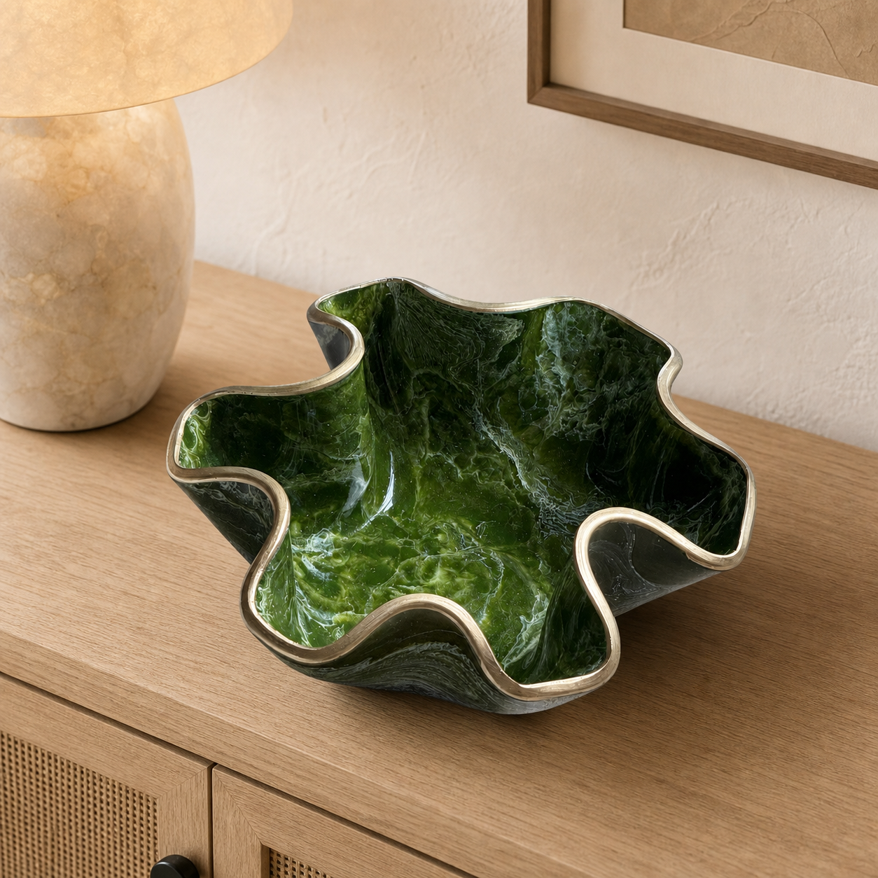 Small Olive green bowl, 8x3" geode design epoxy resin
