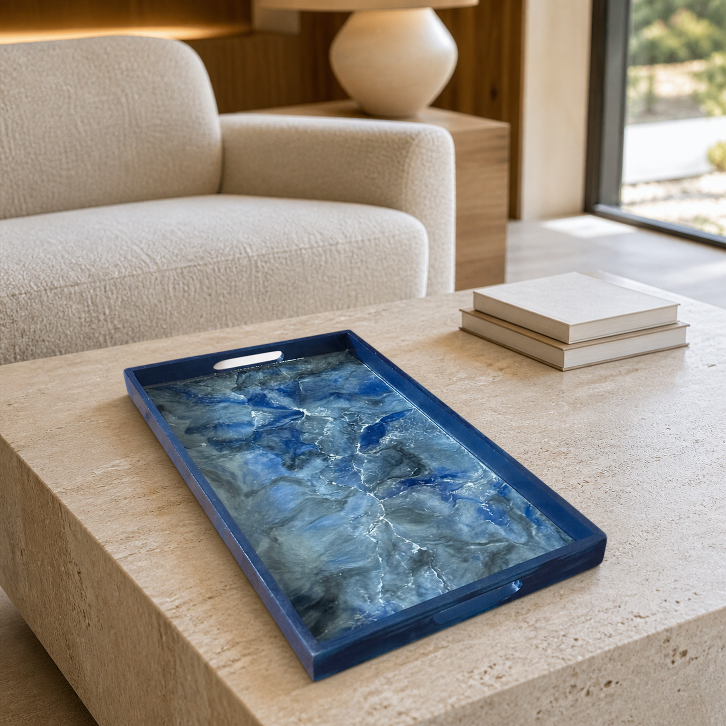 Blue wooden tray handmade epoxy resin geode design, 3 sizes