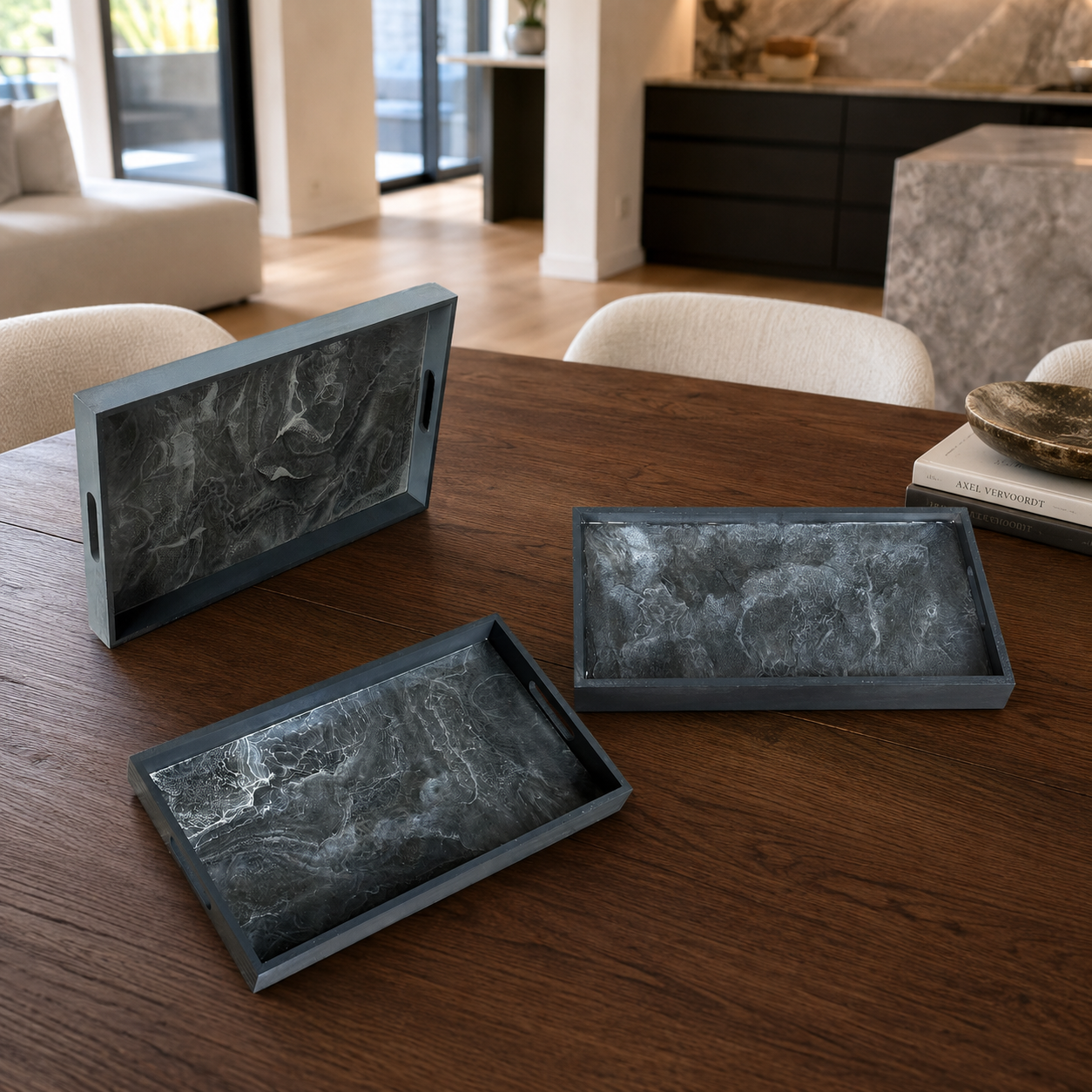 Silver and Grey wooden tray handmade epoxy resin geode design, 3 sizes
