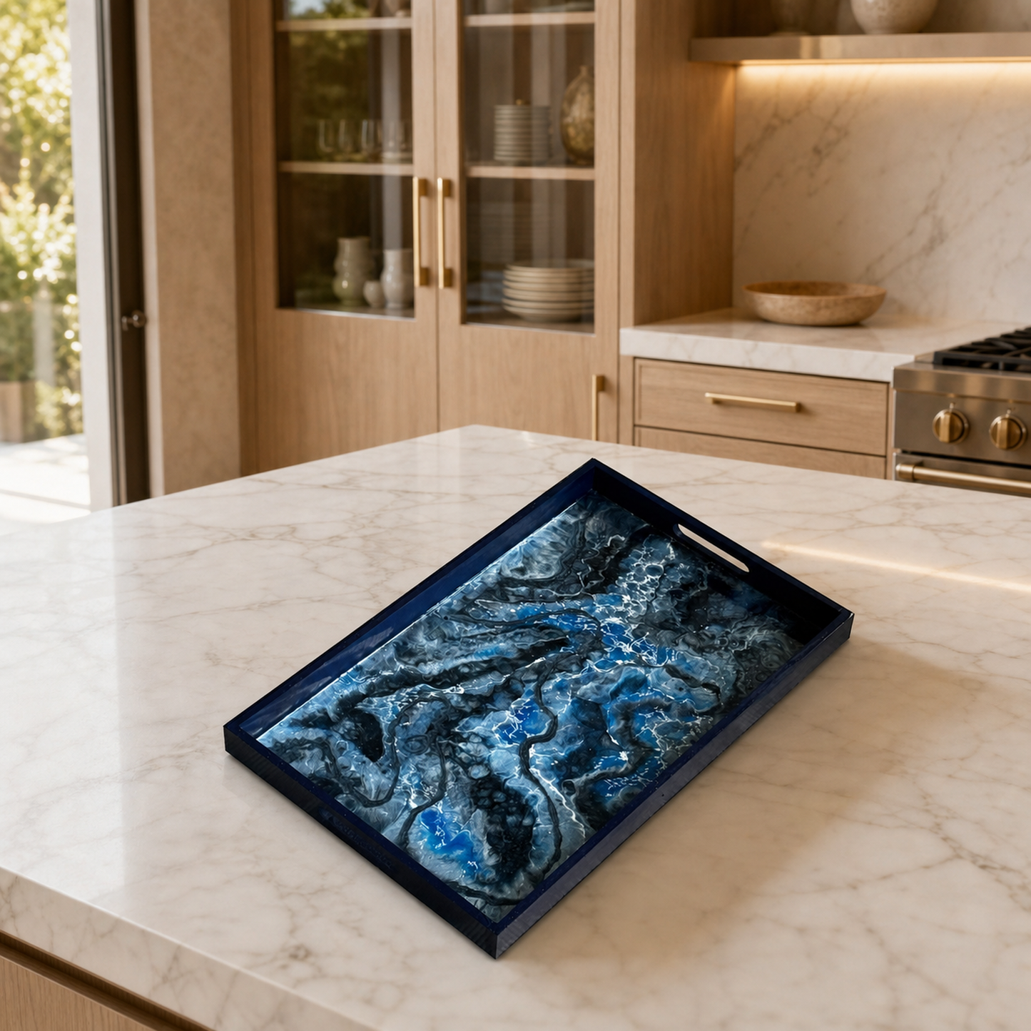 Blue wooden tray handmade epoxy resin geode design, 3 sizes