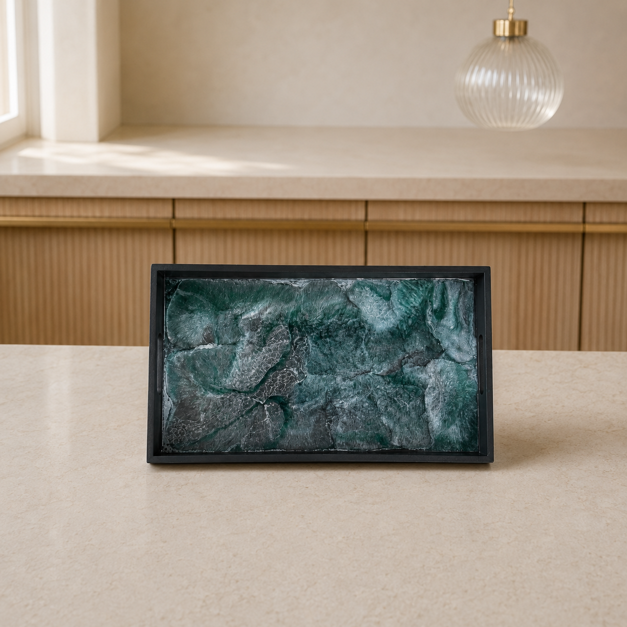 Teal and Silver wooden tray handmade epoxy resin geode design, 3 sizes