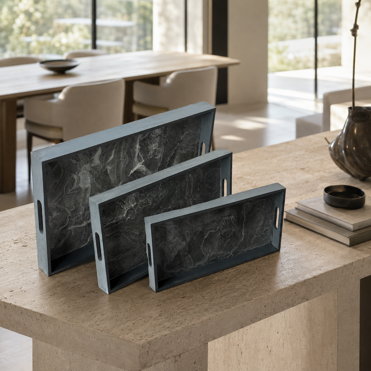 Silver and Grey wooden tray handmade epoxy resin geode design, 3 sizes