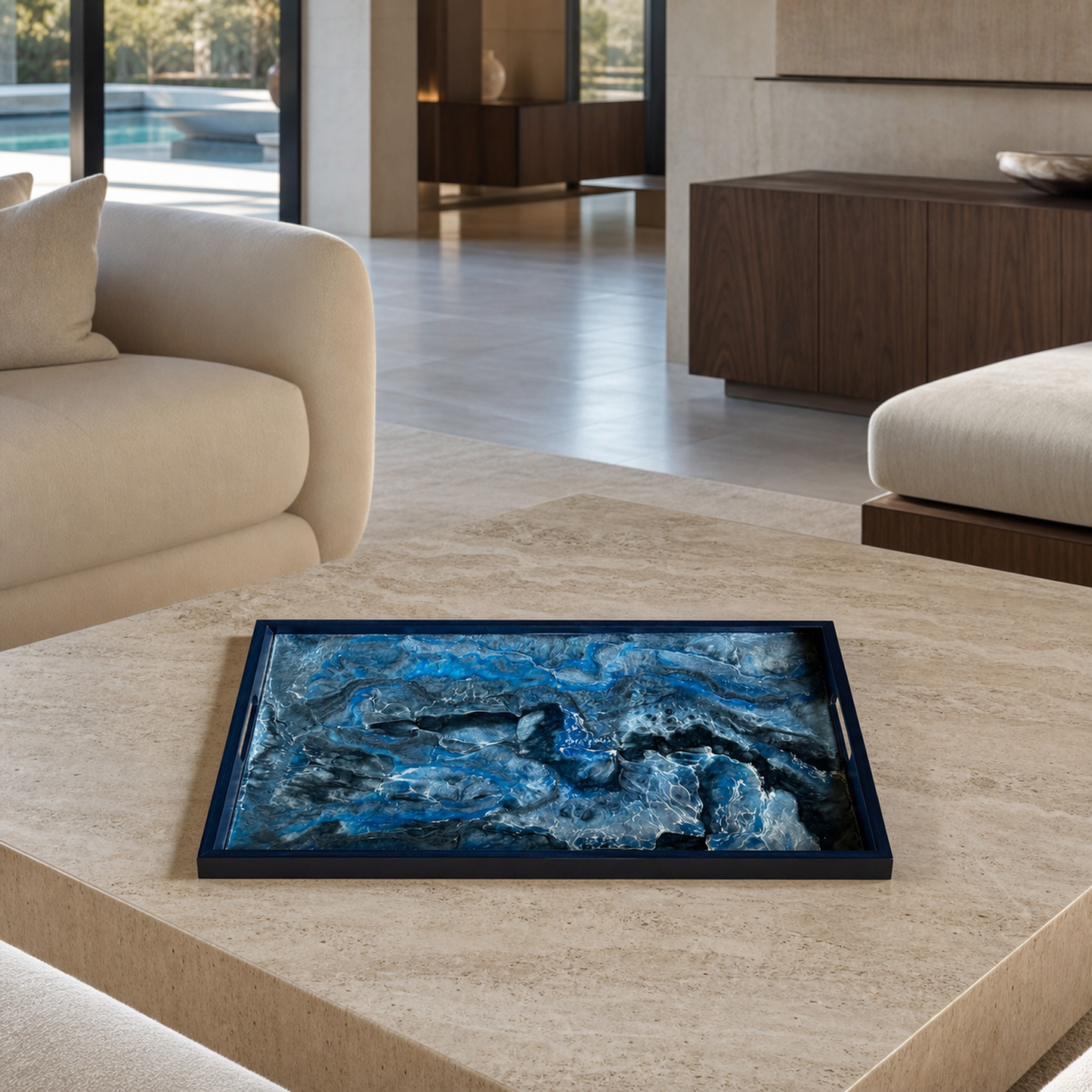 Blue wooden tray handmade epoxy resin geode design, 3 sizes