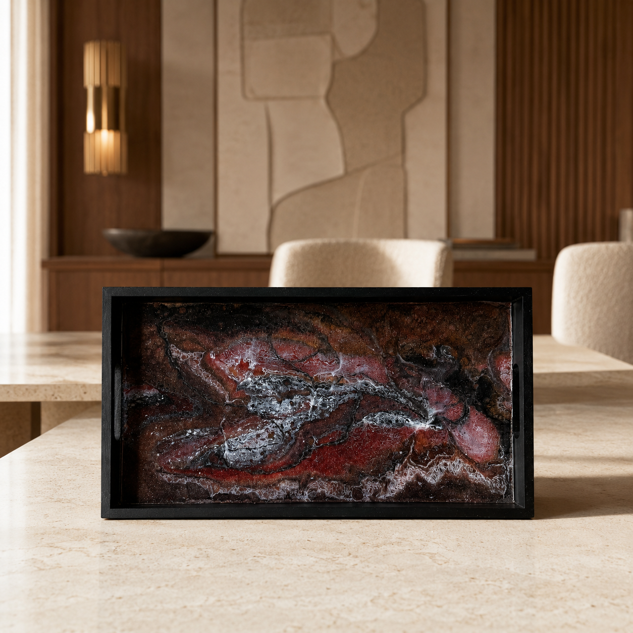 Black, Bronze and Copper wooden tray handmade epoxy resin geode design, 3 sizes