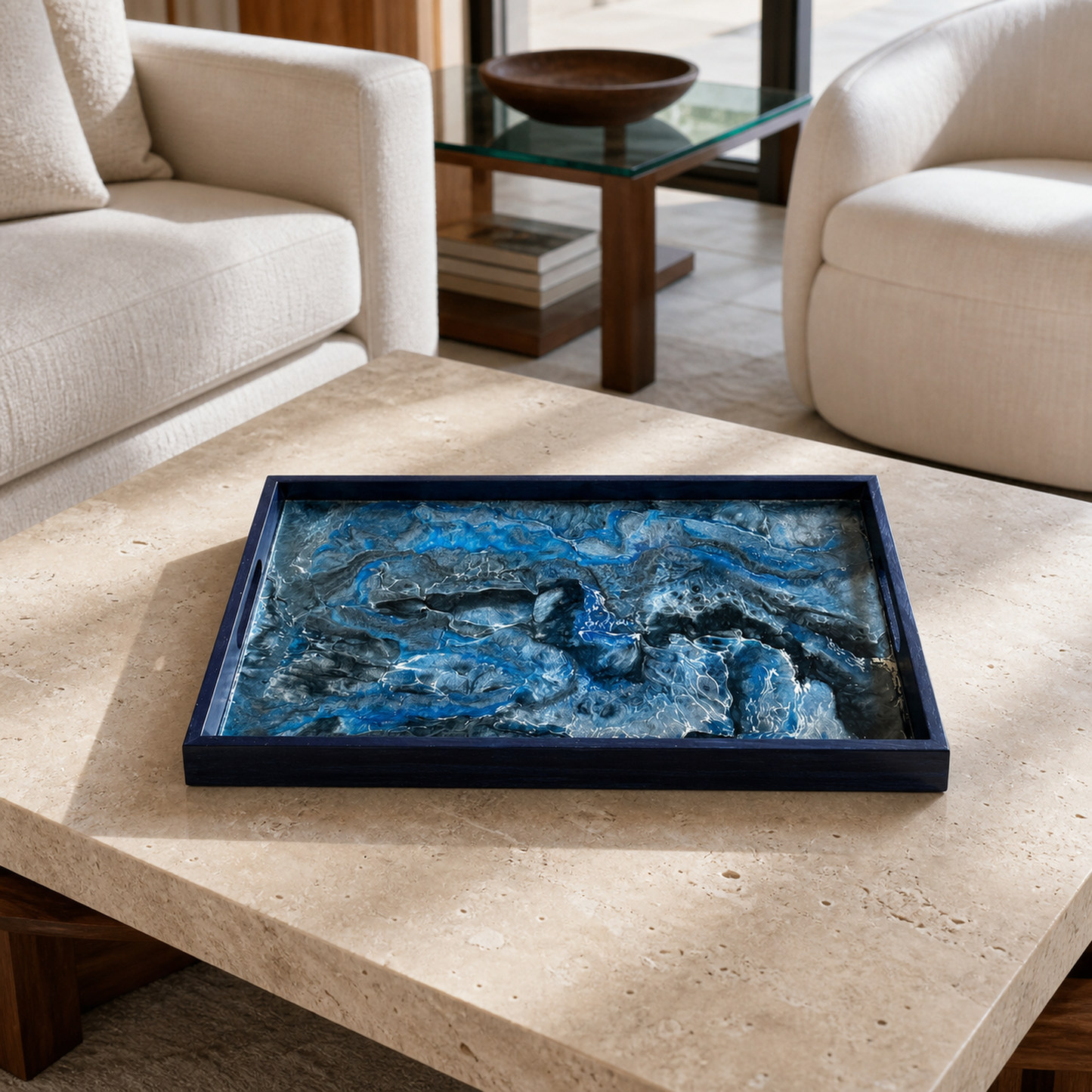 Blue wooden tray handmade epoxy resin geode design, 3 sizes