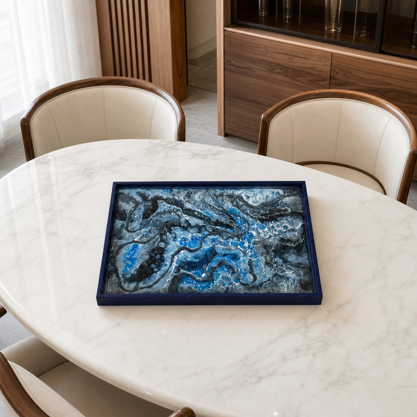 Blue wooden tray handmade epoxy resin geode design, 3 sizes