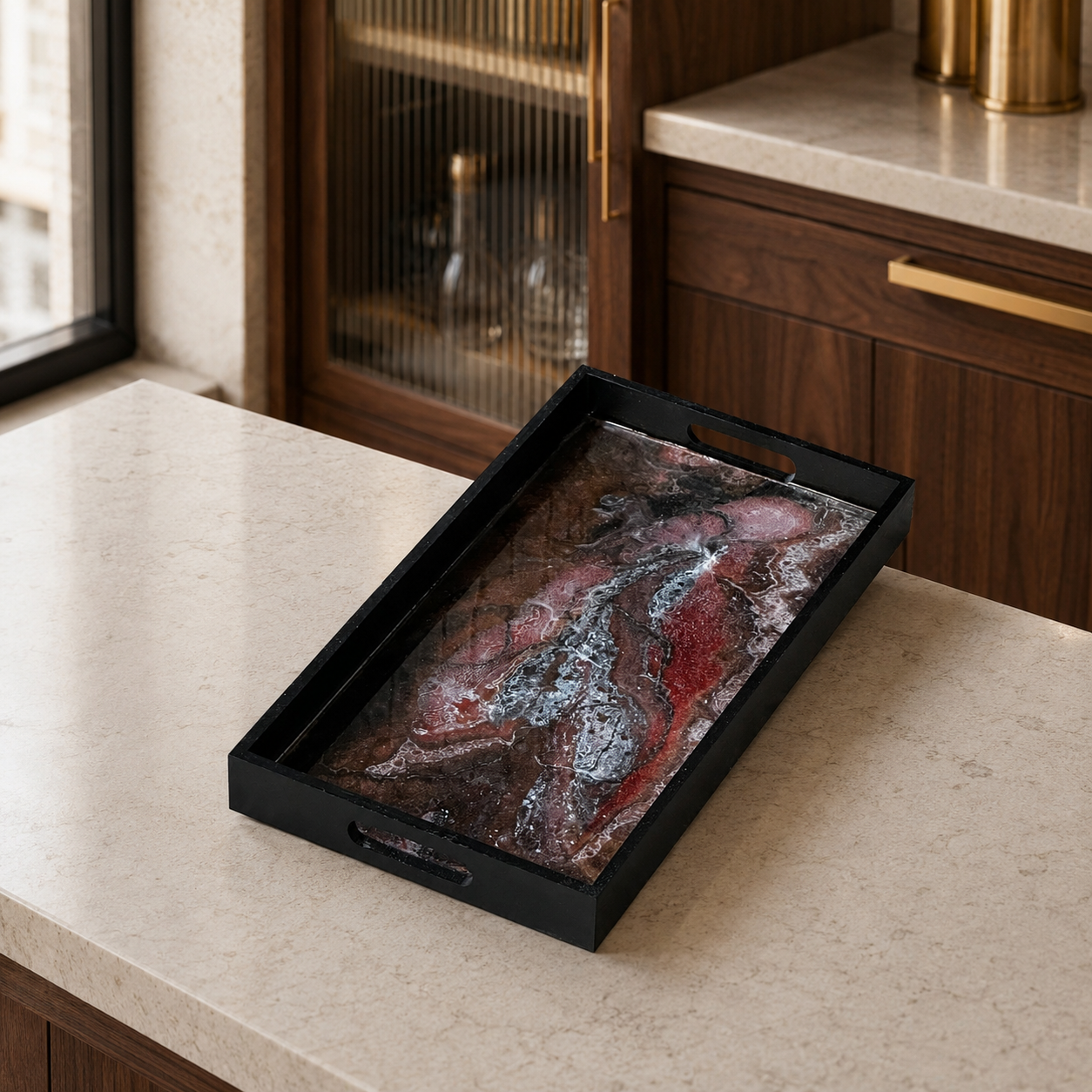 Black, Bronze and Copper wooden tray handmade epoxy resin geode design, 3 sizes