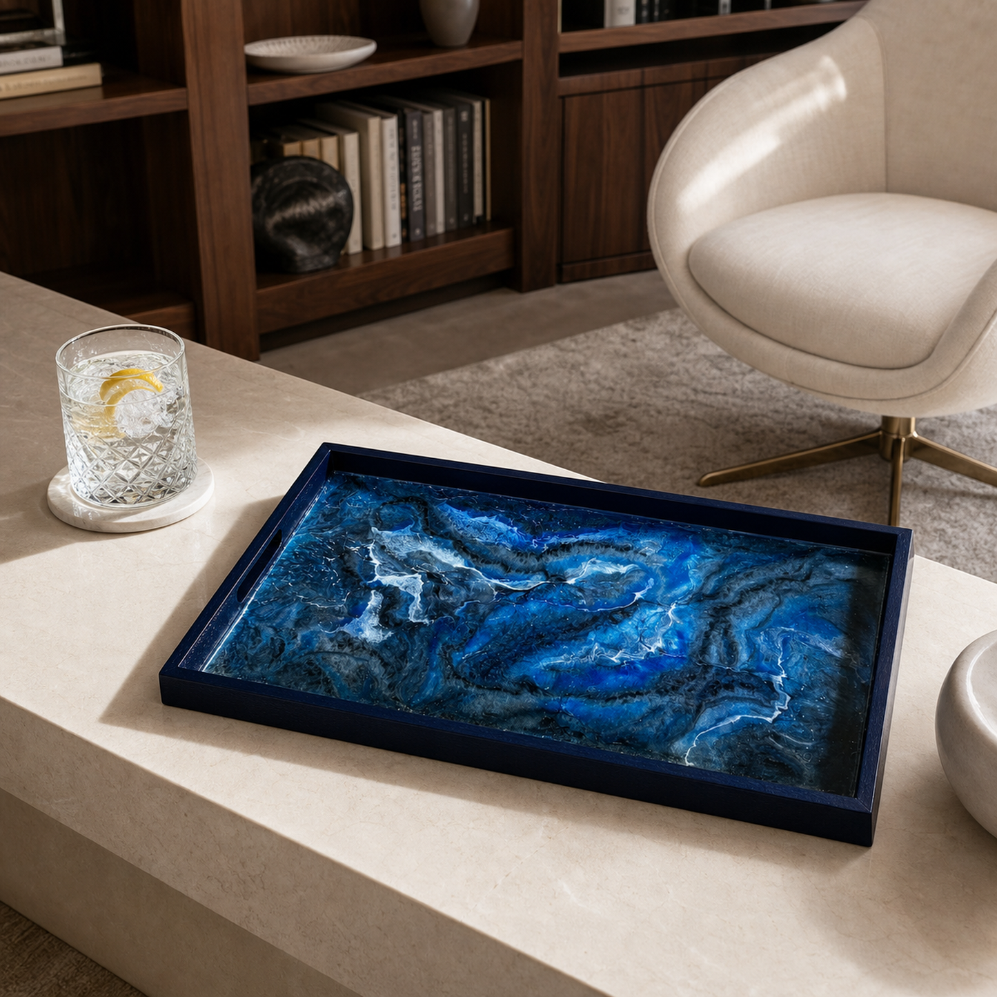 Blue wooden tray handmade epoxy resin geode design, 3 sizes