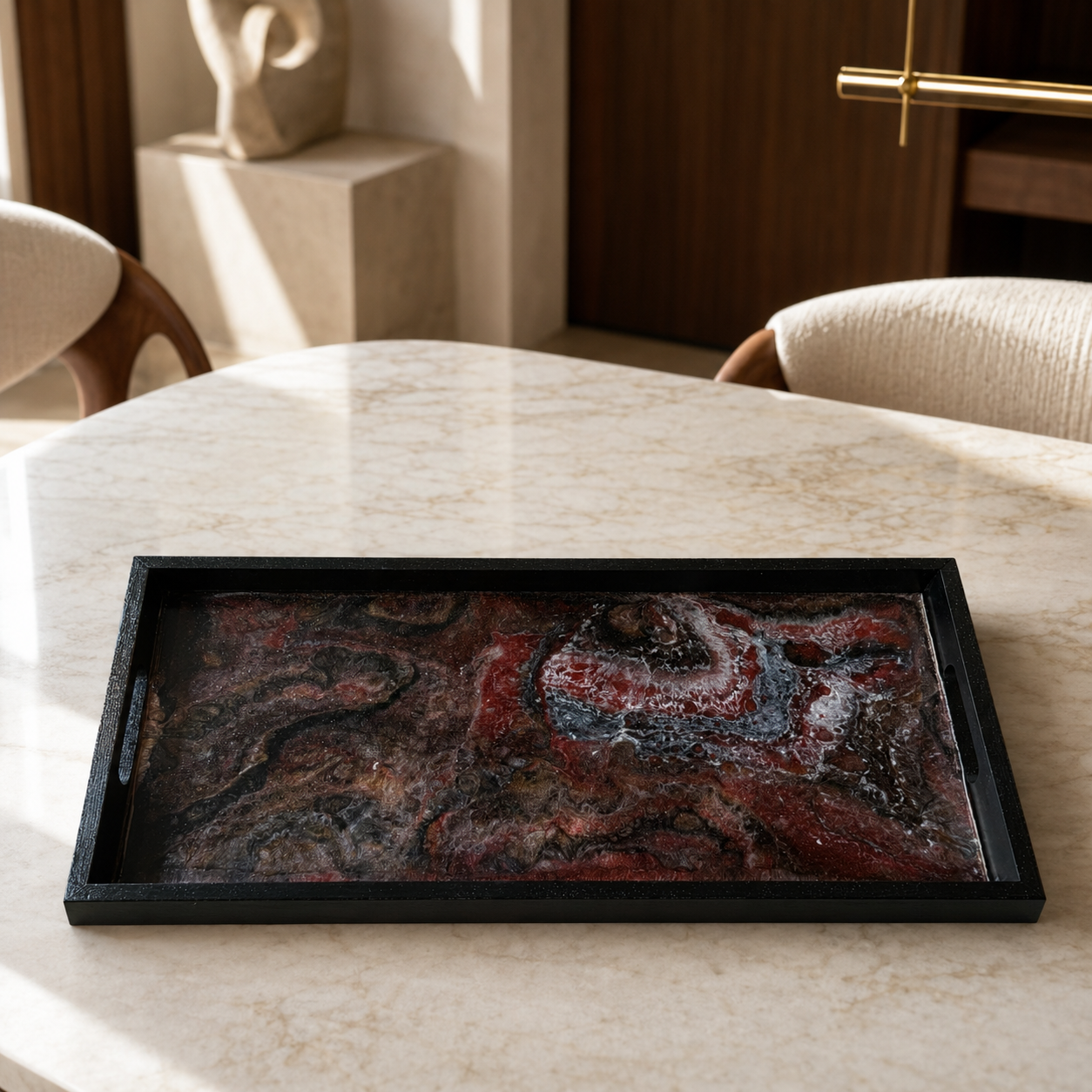 Black, Bronze and Copper wooden tray handmade epoxy resin geode design, 3 sizes