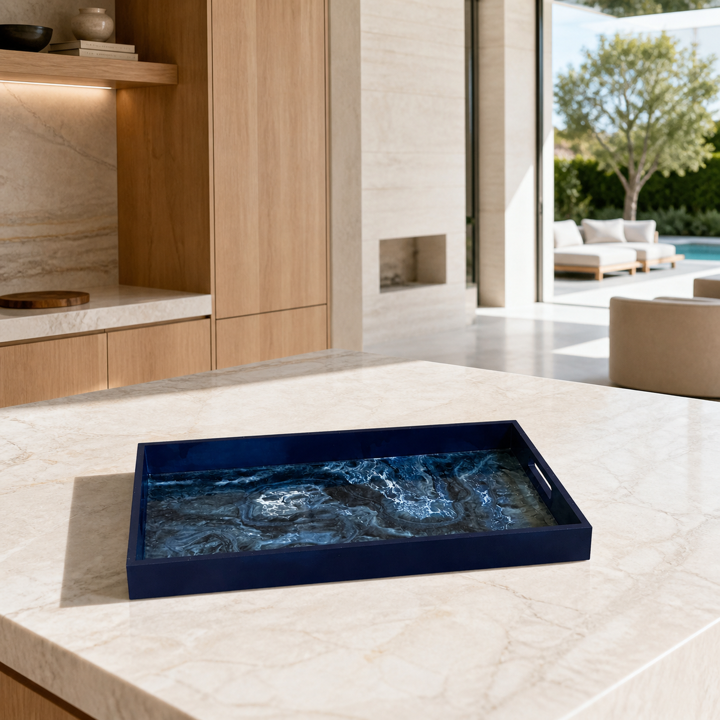 Blue wooden tray handmade epoxy resin geode design, 3 sizes