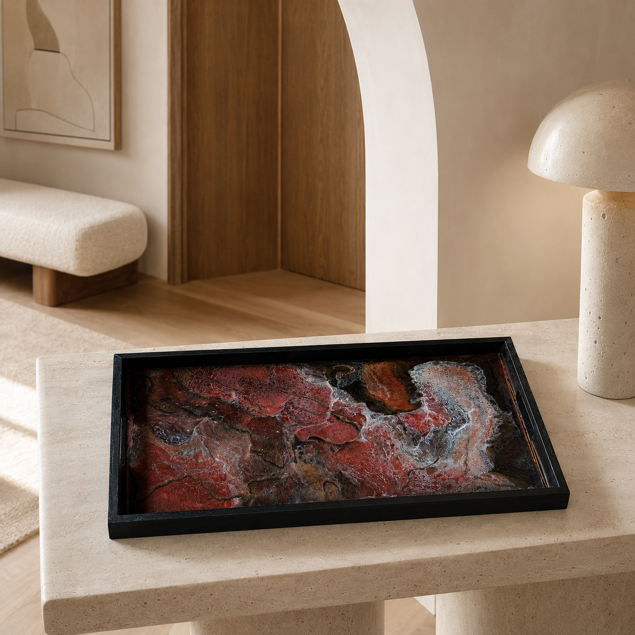Black, Bronze and Copper wooden tray handmade epoxy resin geode design, 3 sizes