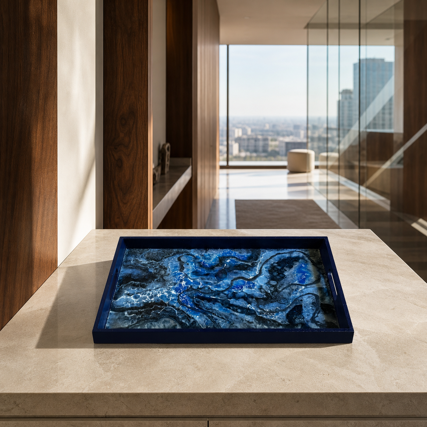 Blue wooden tray handmade epoxy resin geode design, 3 sizes