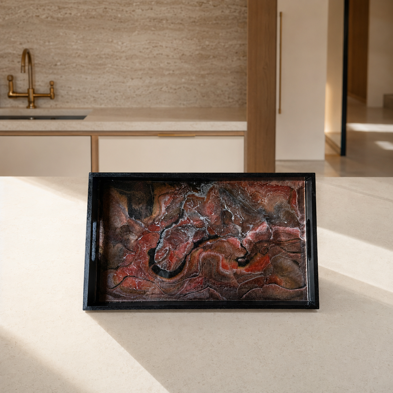 Black, Bronze and Copper wooden tray handmade epoxy resin geode design, 3 sizes