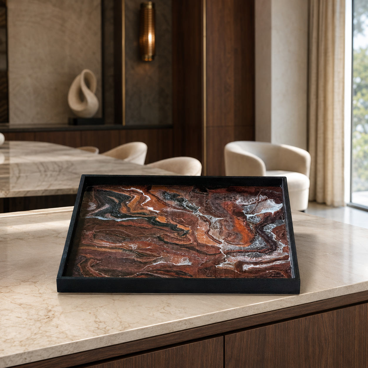 Black, Bronze and Copper wooden tray handmade epoxy resin geode design, 3 sizes