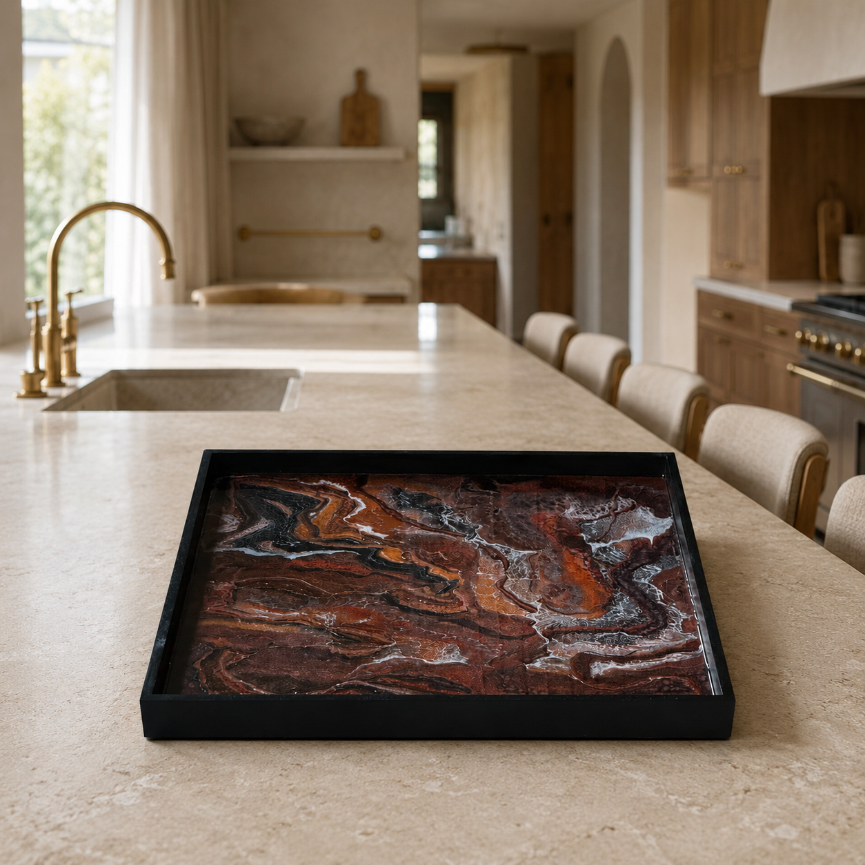 Black, Bronze and Copper wooden tray handmade epoxy resin geode design, 3 sizes