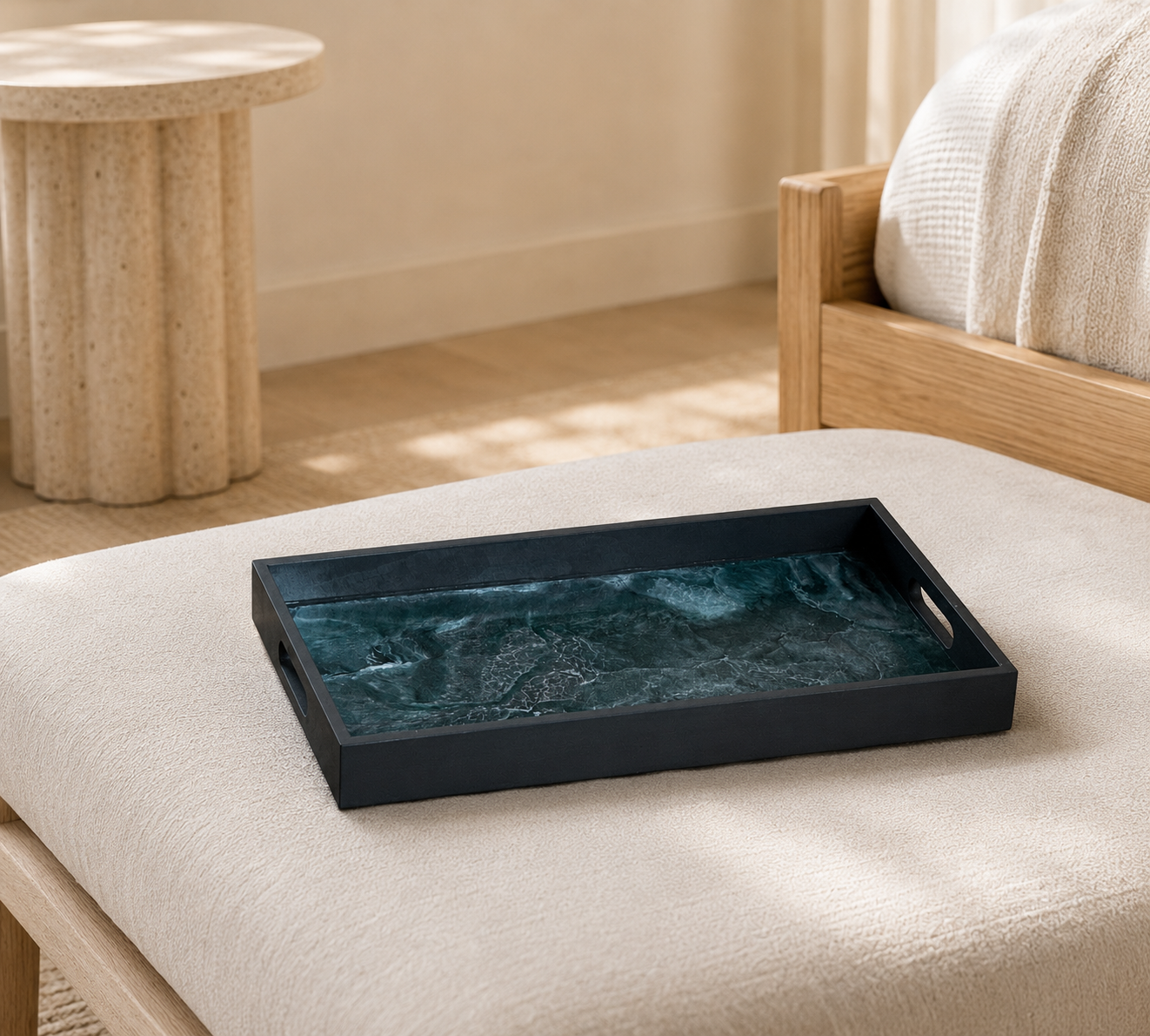 Teal and Silver wooden tray handmade epoxy resin geode design, 3 sizes