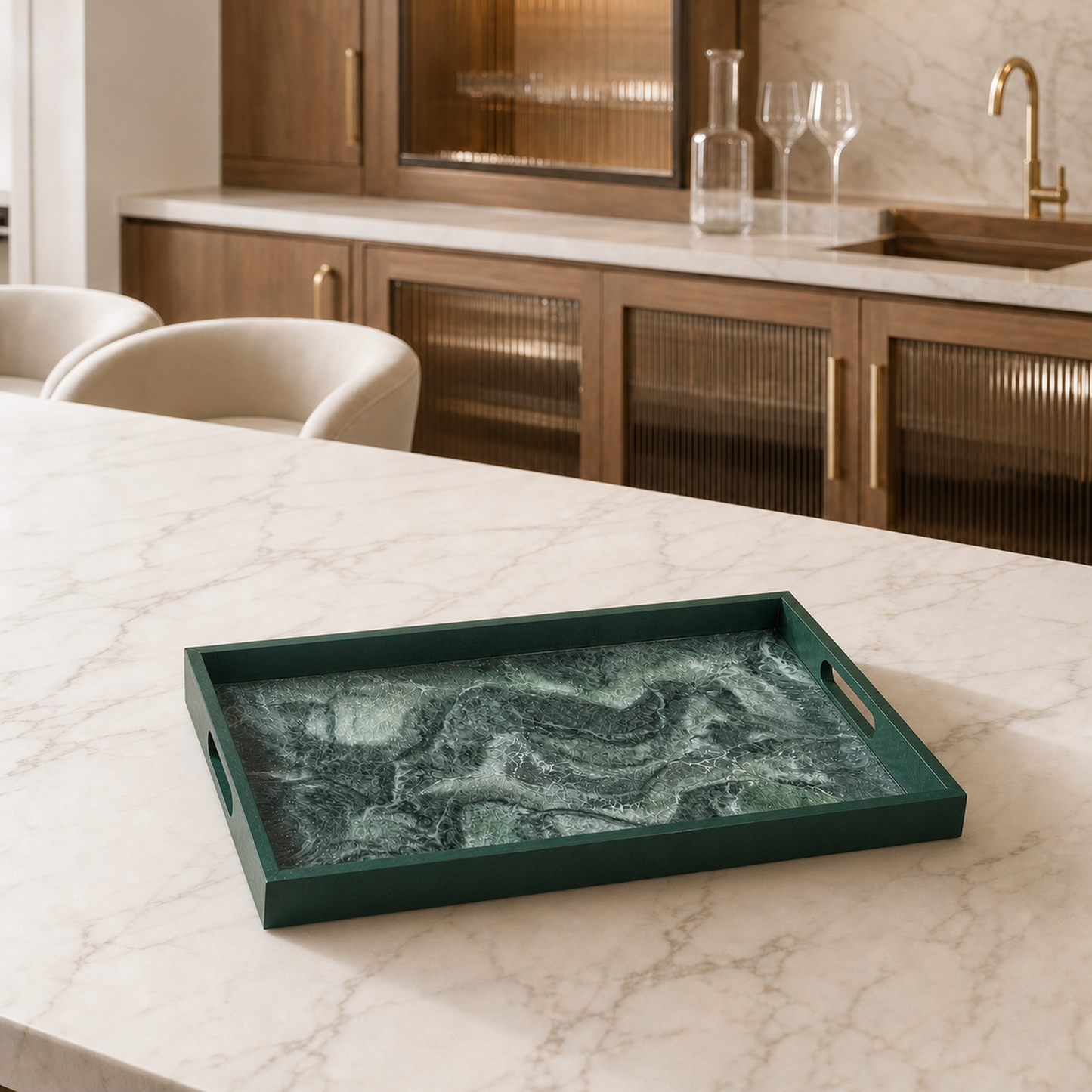 Green wooden tray handmade epoxy resin geode design, 3 sizes