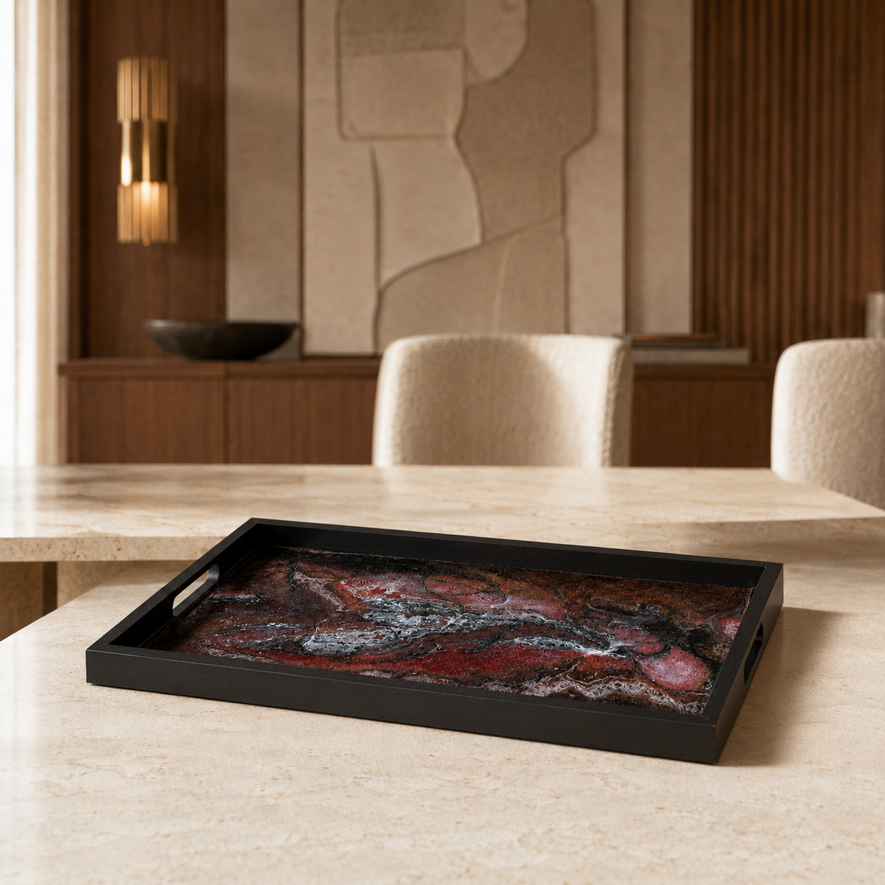 Black, Bronze and Copper wooden tray handmade epoxy resin geode design, 3 sizes