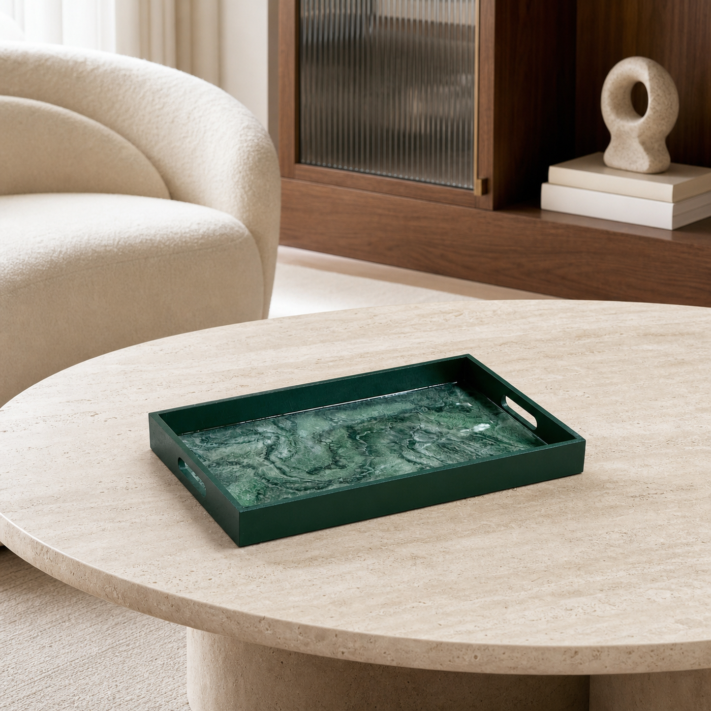 Green wooden tray handmade epoxy resin geode design, 3 sizes