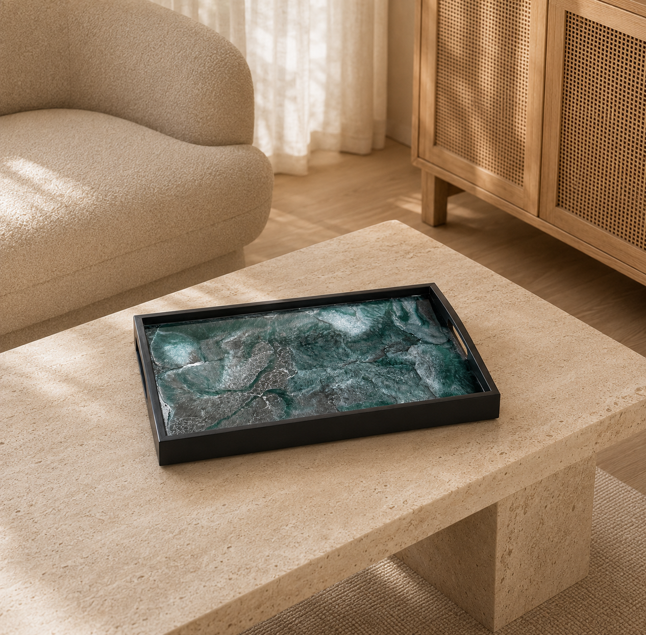 Teal and Silver wooden tray handmade epoxy resin geode design, 3 sizes