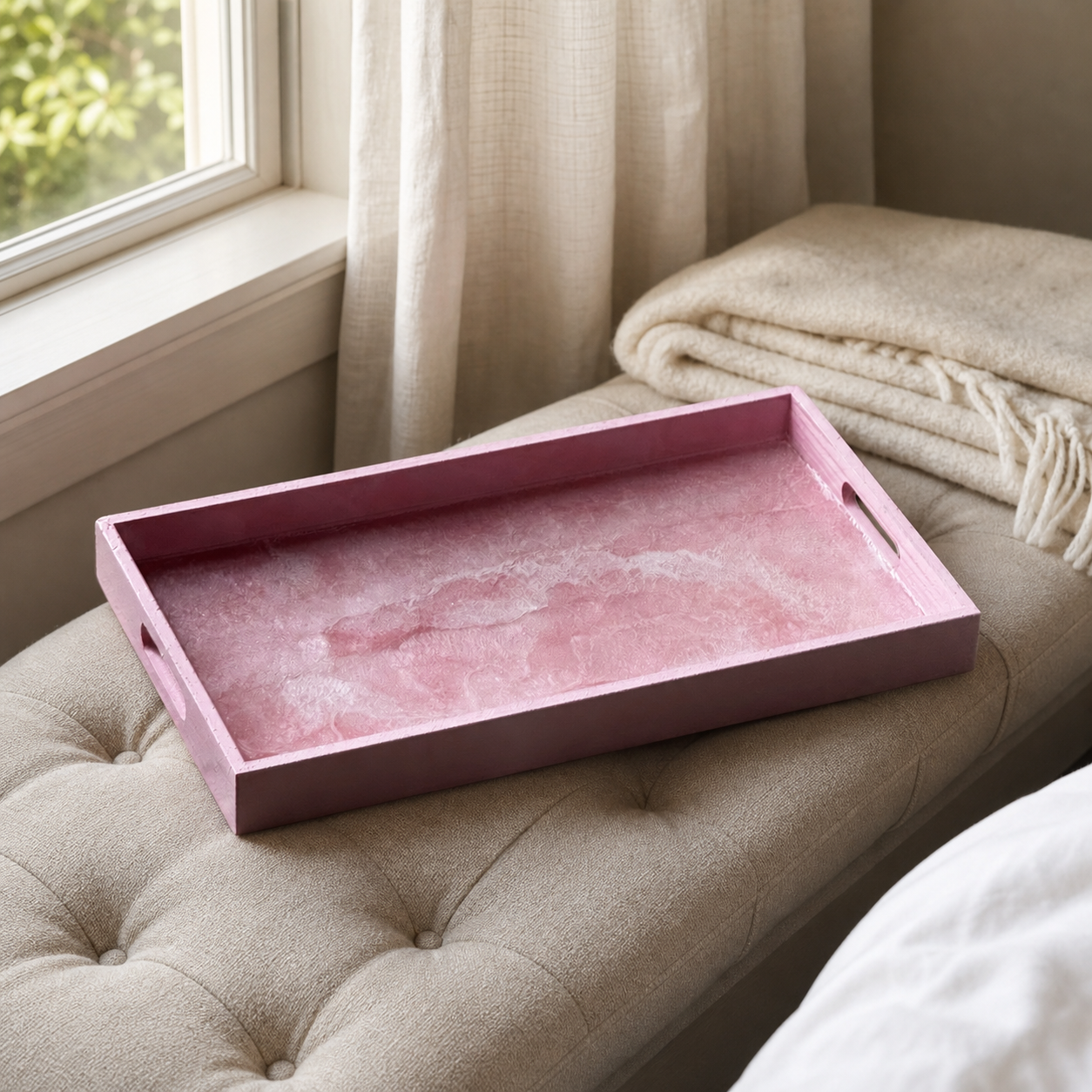 Light Pink wooden tray handmade epoxy resin geode design, 3 sizes