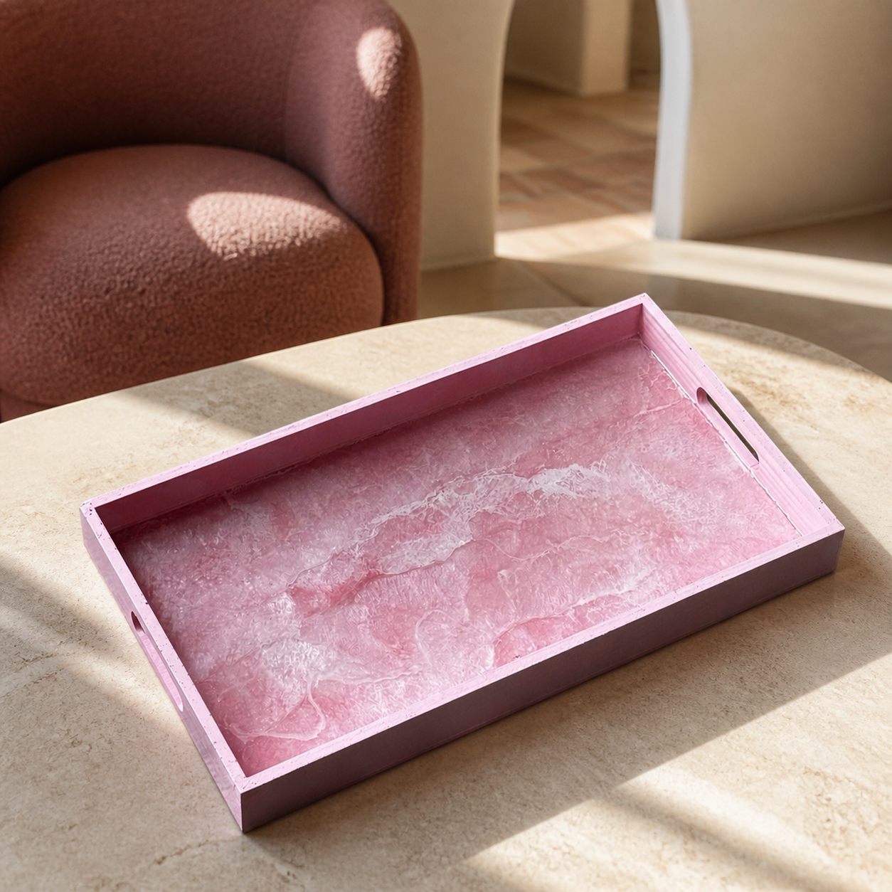 Light Pink wooden tray handmade epoxy resin geode design, 3 sizes