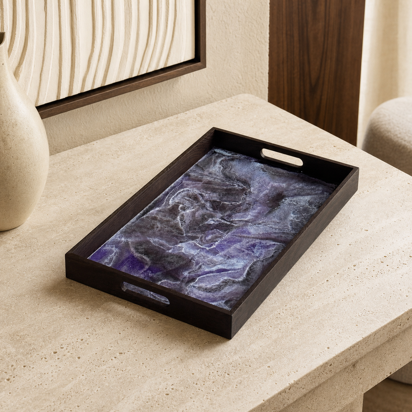 Purple and Brown wooden tray handmade epoxy resin geode design, 3 sizes