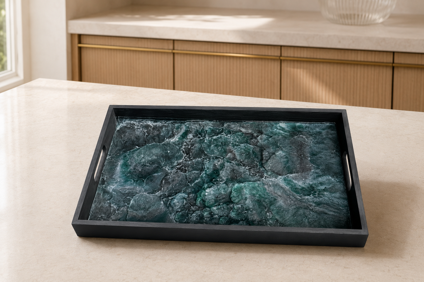Teal and Silver wooden tray handmade epoxy resin geode design, 3 sizes
