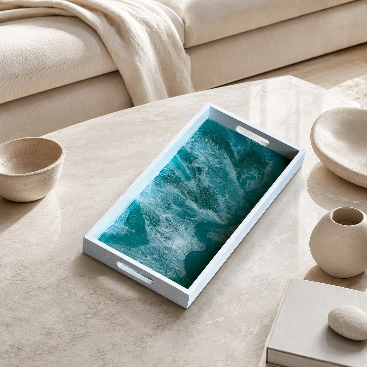 Ocean colors wooden tray handmade epoxy resin geode design, 3 sizes
