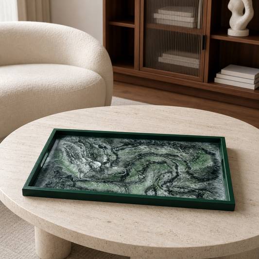 Green wooden tray handmade epoxy resin geode design, 3 sizes