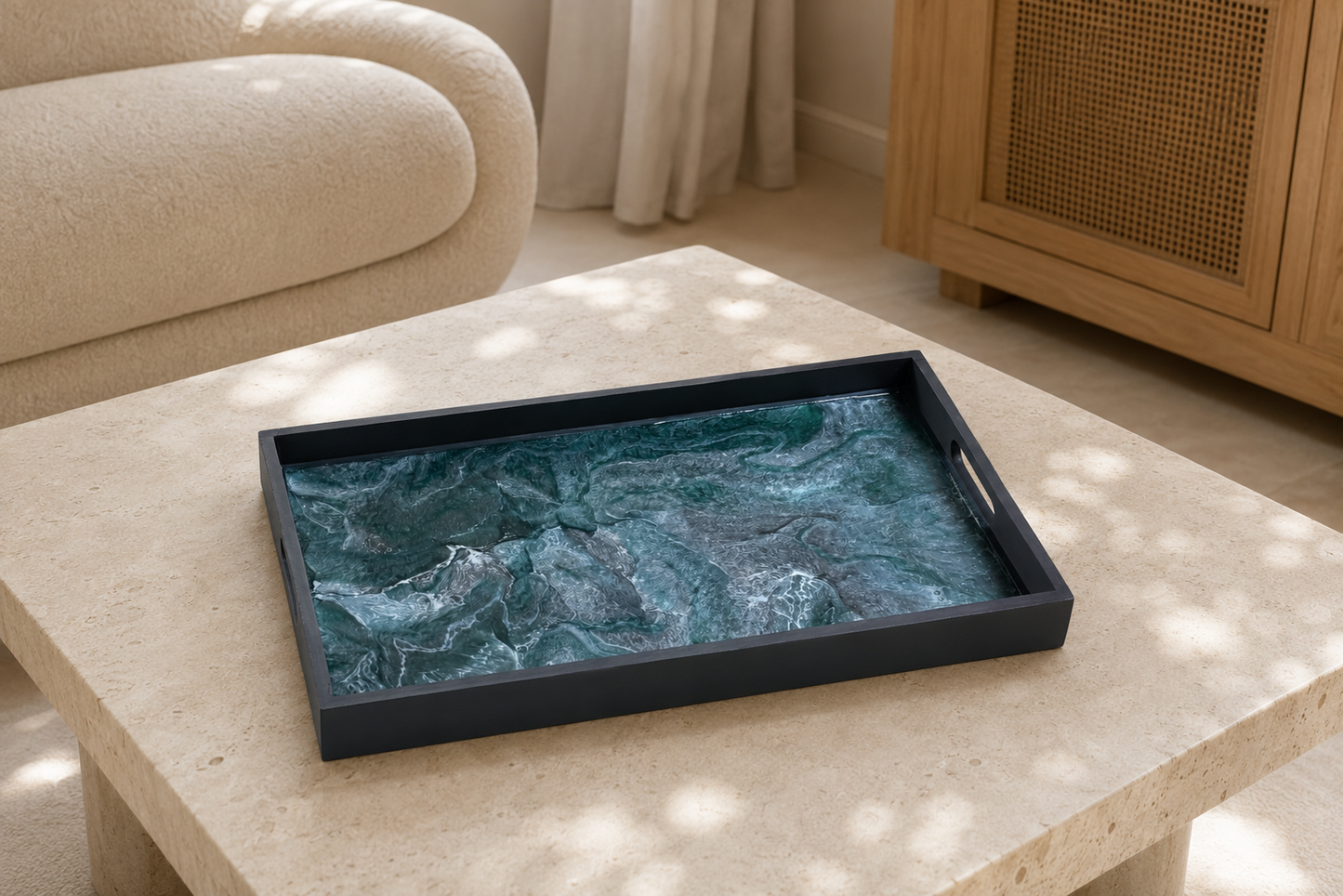 Teal and Silver wooden tray handmade epoxy resin geode design, 3 sizes