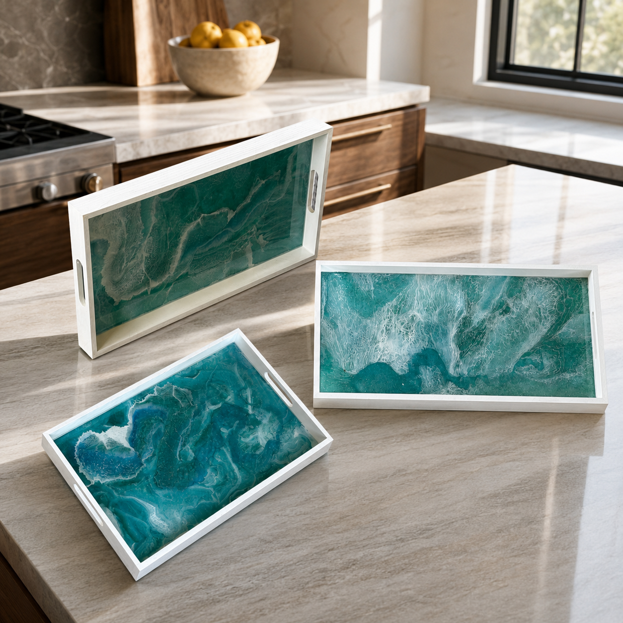 Ocean colors wooden tray handmade epoxy resin geode design, 3 sizes