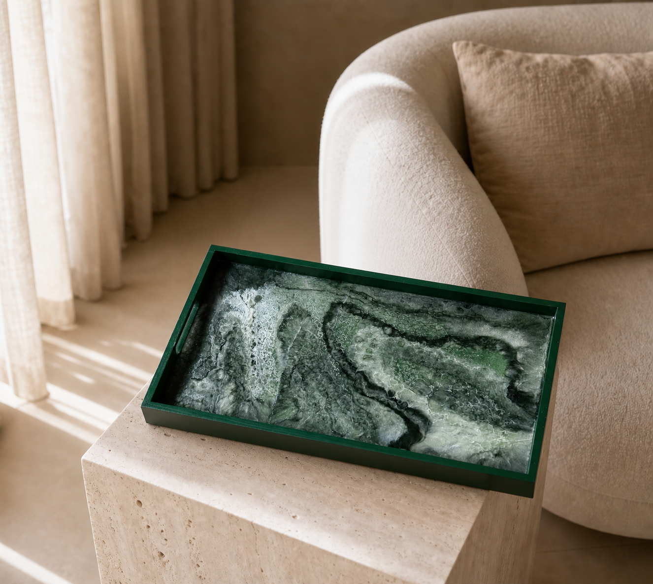Green wooden tray handmade epoxy resin geode design, 3 sizes