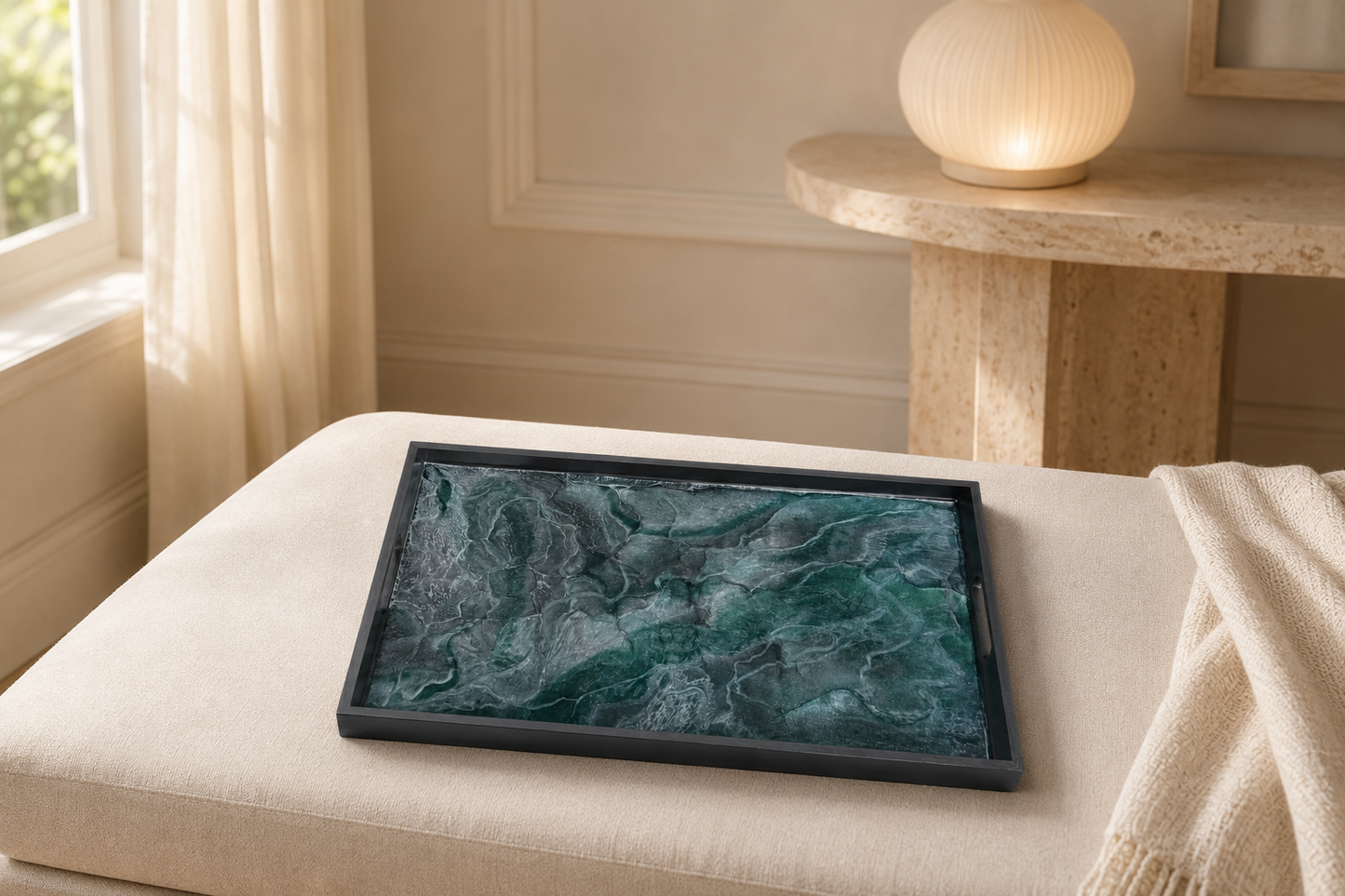 Teal and Silver wooden tray handmade epoxy resin geode design, 3 sizes