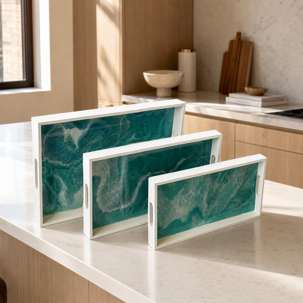 Ocean colors wooden tray handmade epoxy resin geode design, 3 sizes
