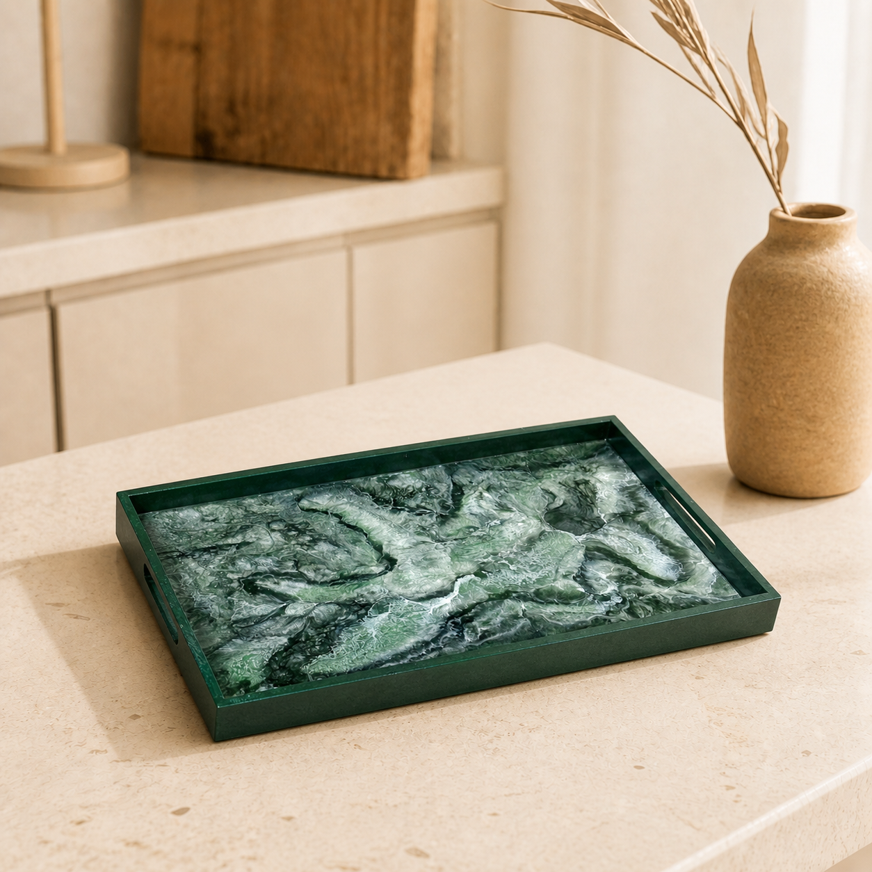 Green wooden tray handmade epoxy resin geode design, 3 sizes