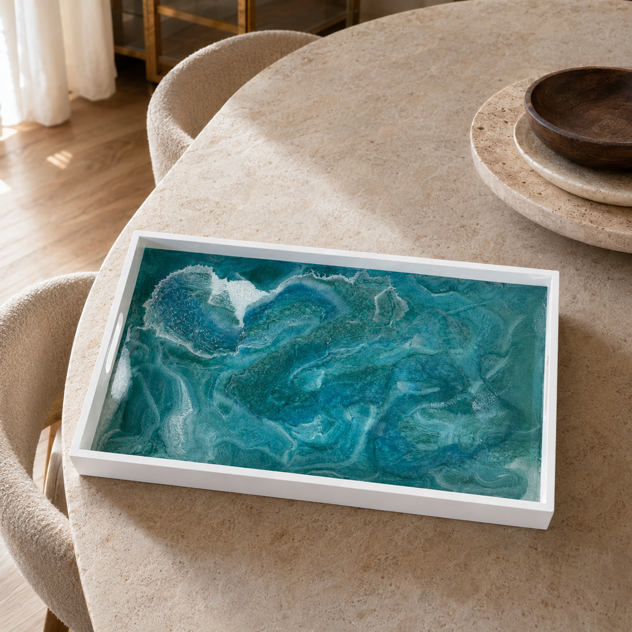Ocean colors wooden tray handmade epoxy resin geode design, 3 sizes