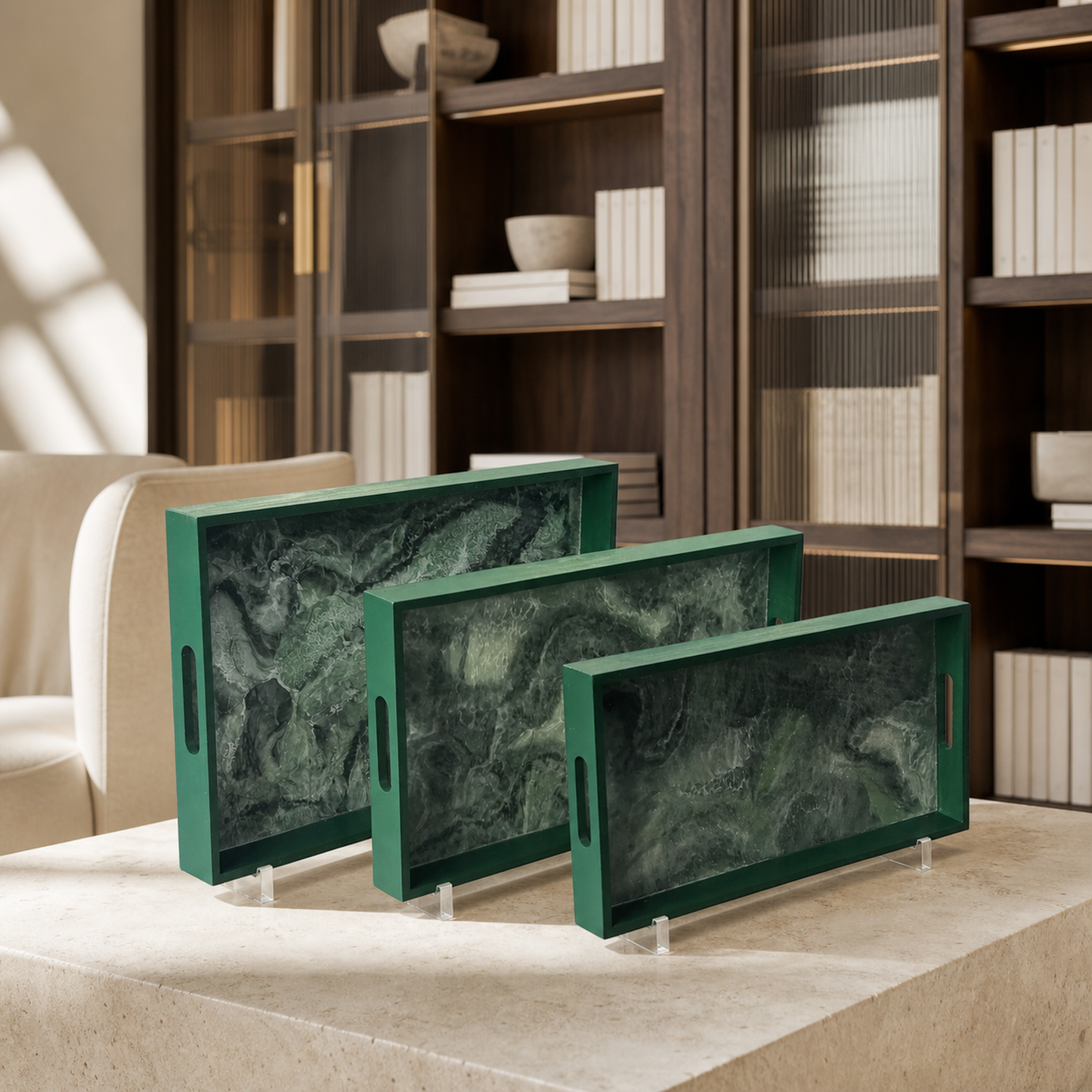 Green wooden tray handmade epoxy resin geode design, 3 sizes