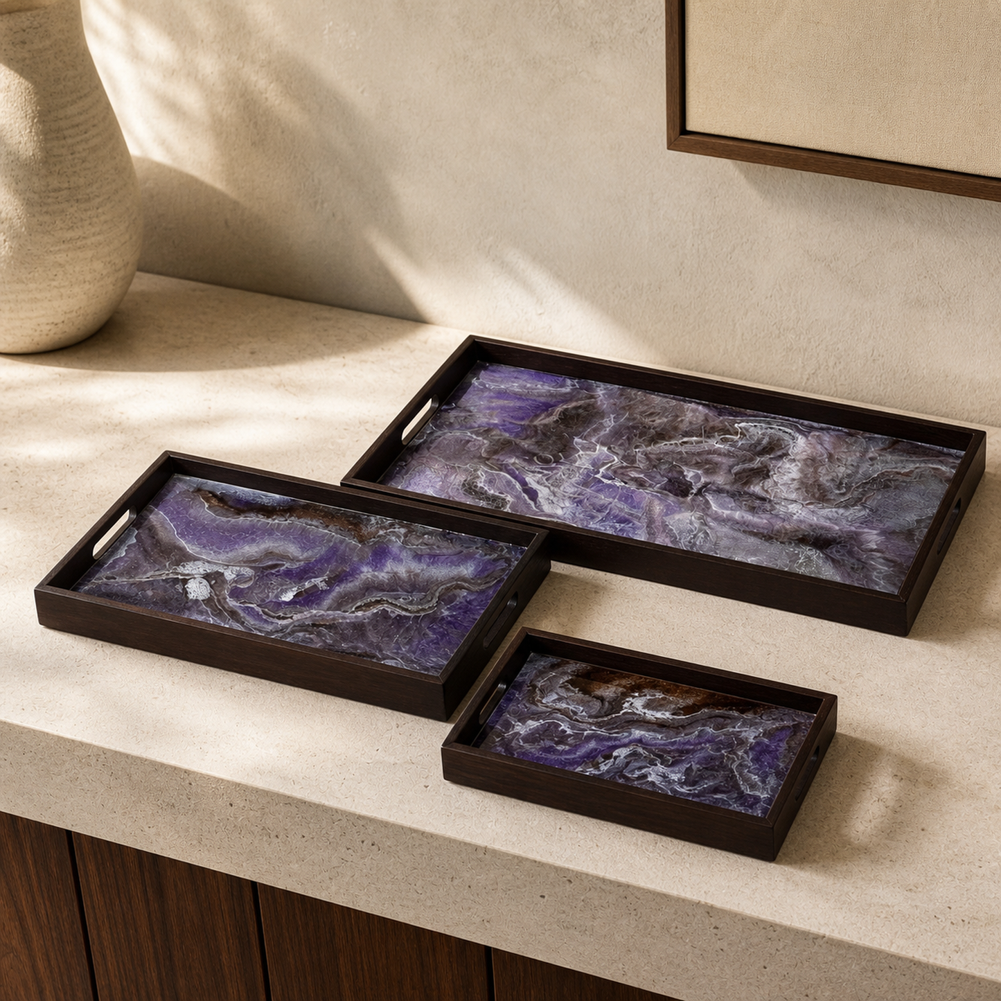 Purple and Brown wooden tray handmade epoxy resin geode design, 3 sizes