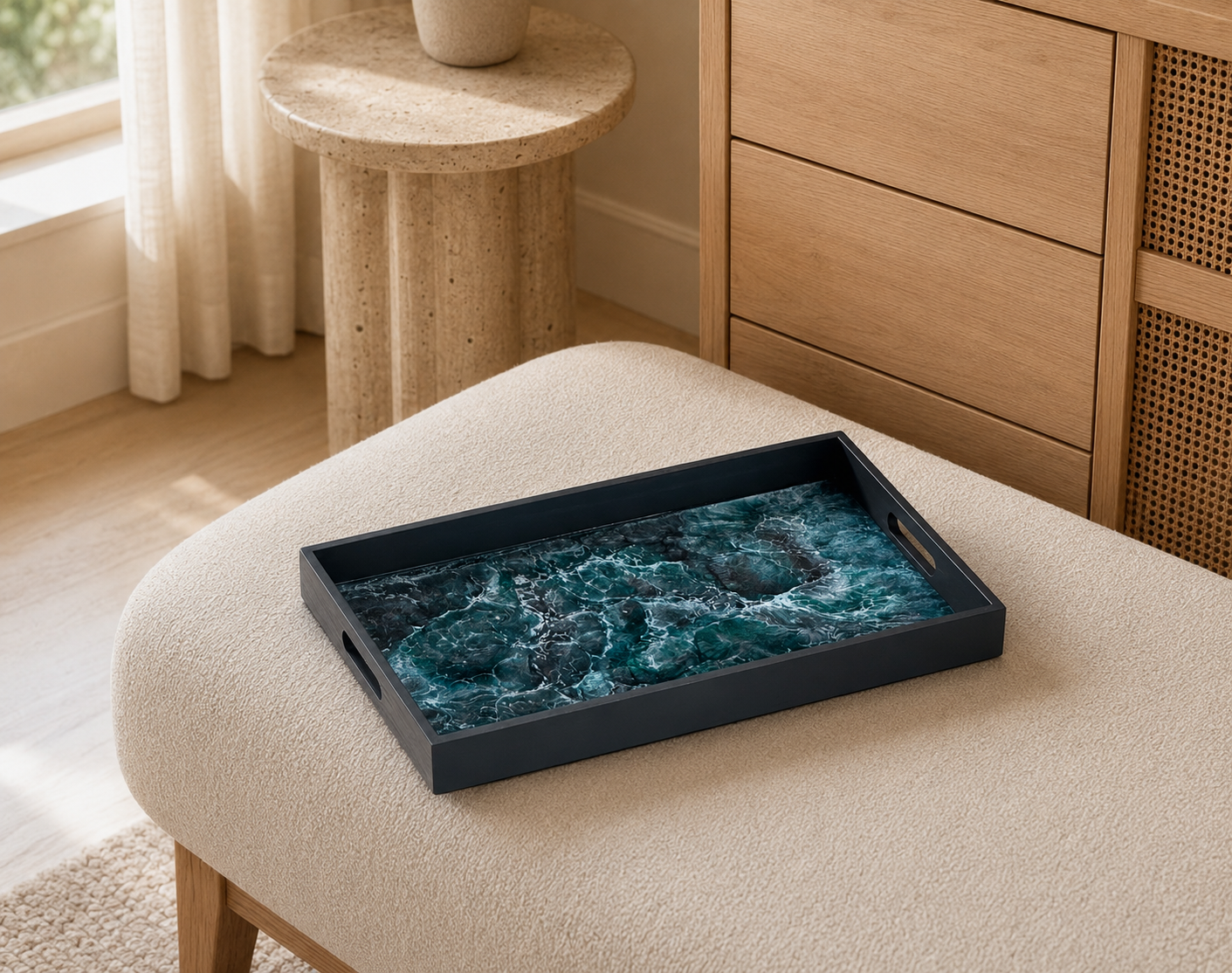 Teal and Silver wooden tray handmade epoxy resin geode design, 3 sizes