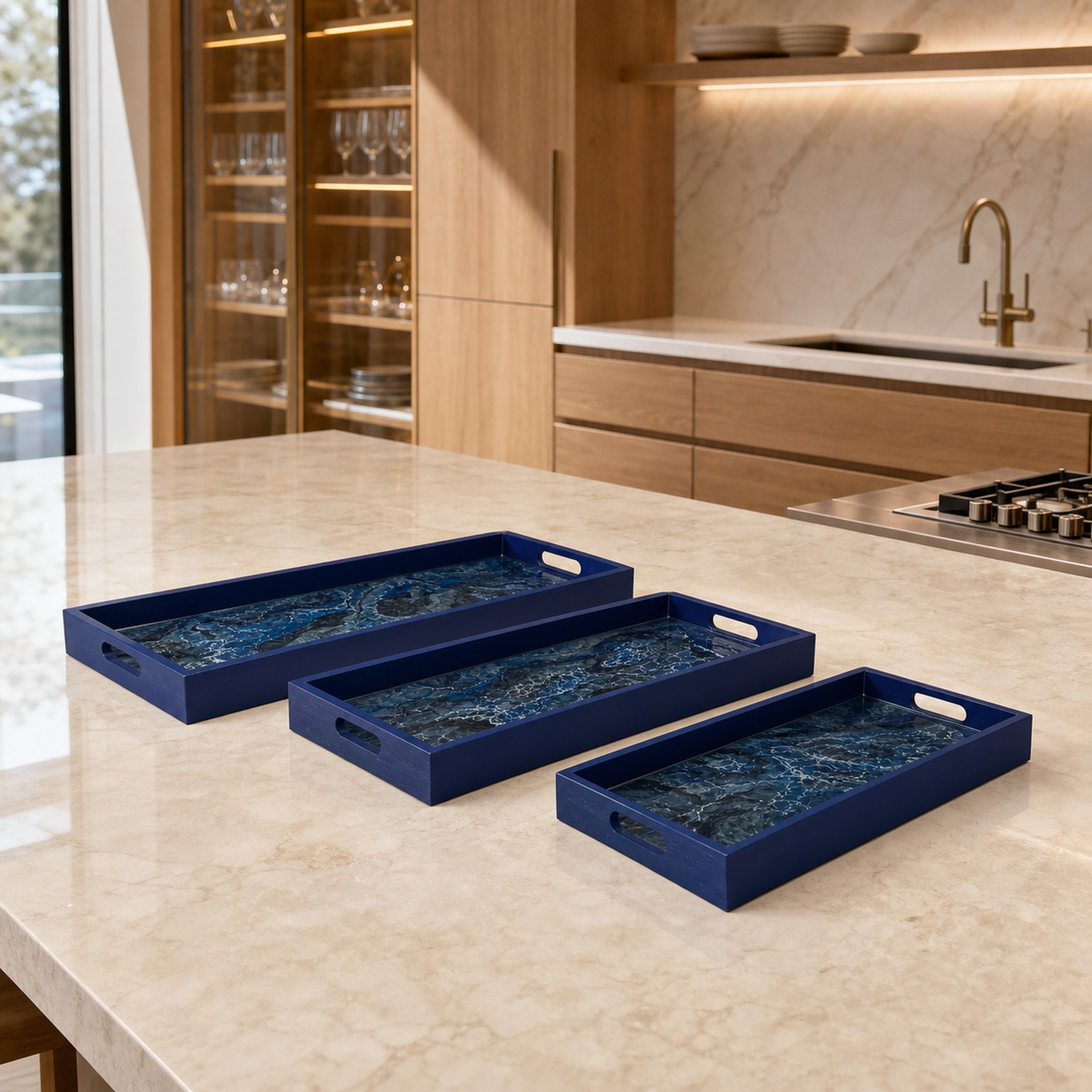 Blue wooden tray handmade epoxy resin geode design, 3 sizes